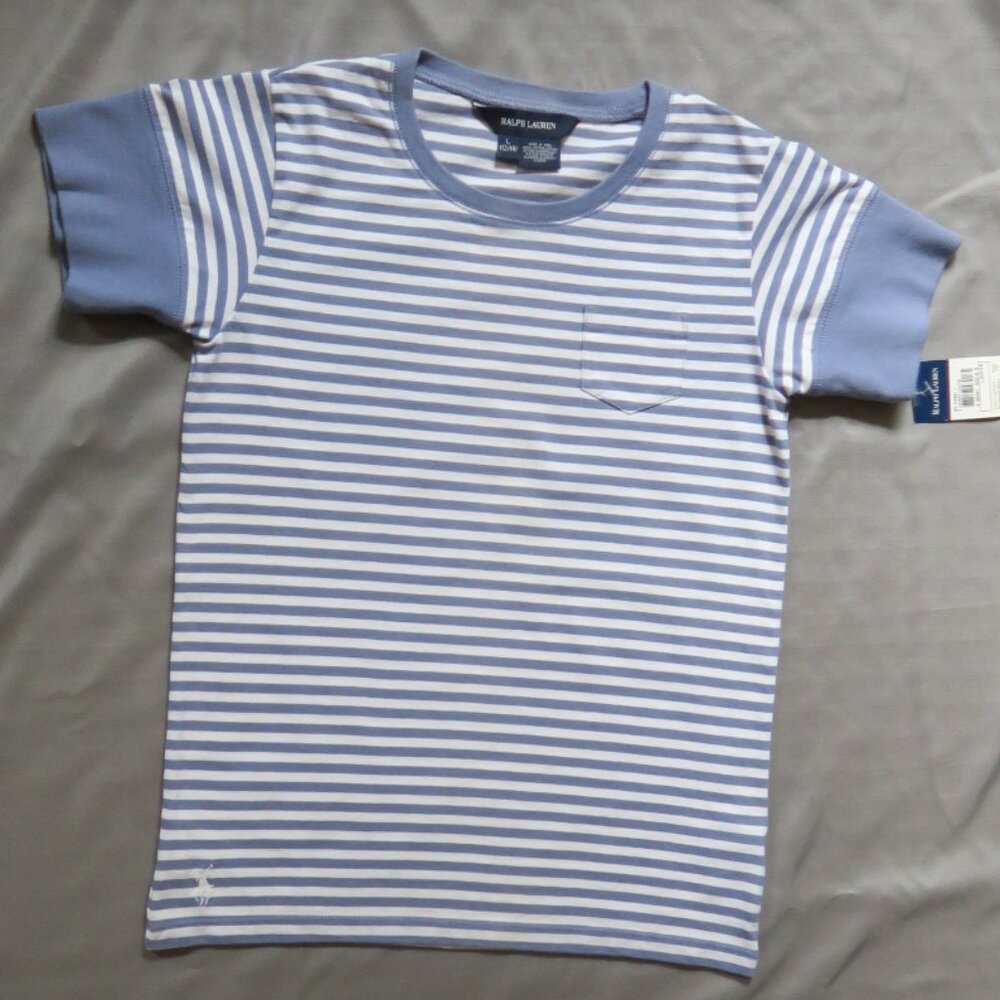 Ralph Lauren Girls Steel Blue/White Striped T-shirt  Sz L 12/14  NWT